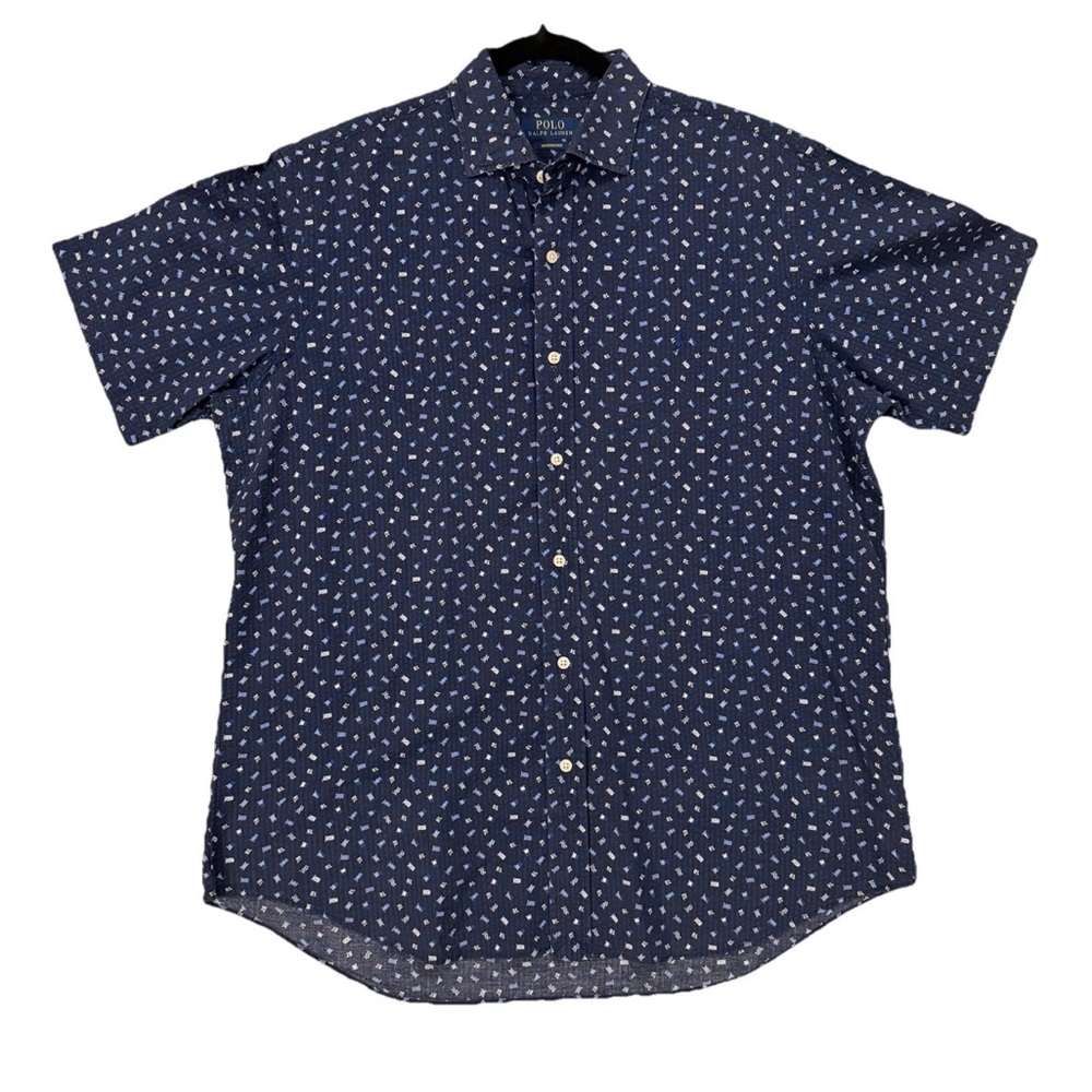 Polo Ralph Lauren Seersucker Shirt Mens L Navy Nautical Flag Print Short Sleeve